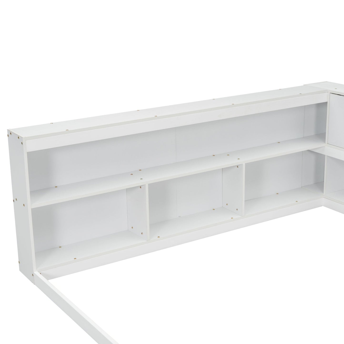 Full Floor Bed with L - shaped Bookcases, sliding doors,without slats,White - Usofuns