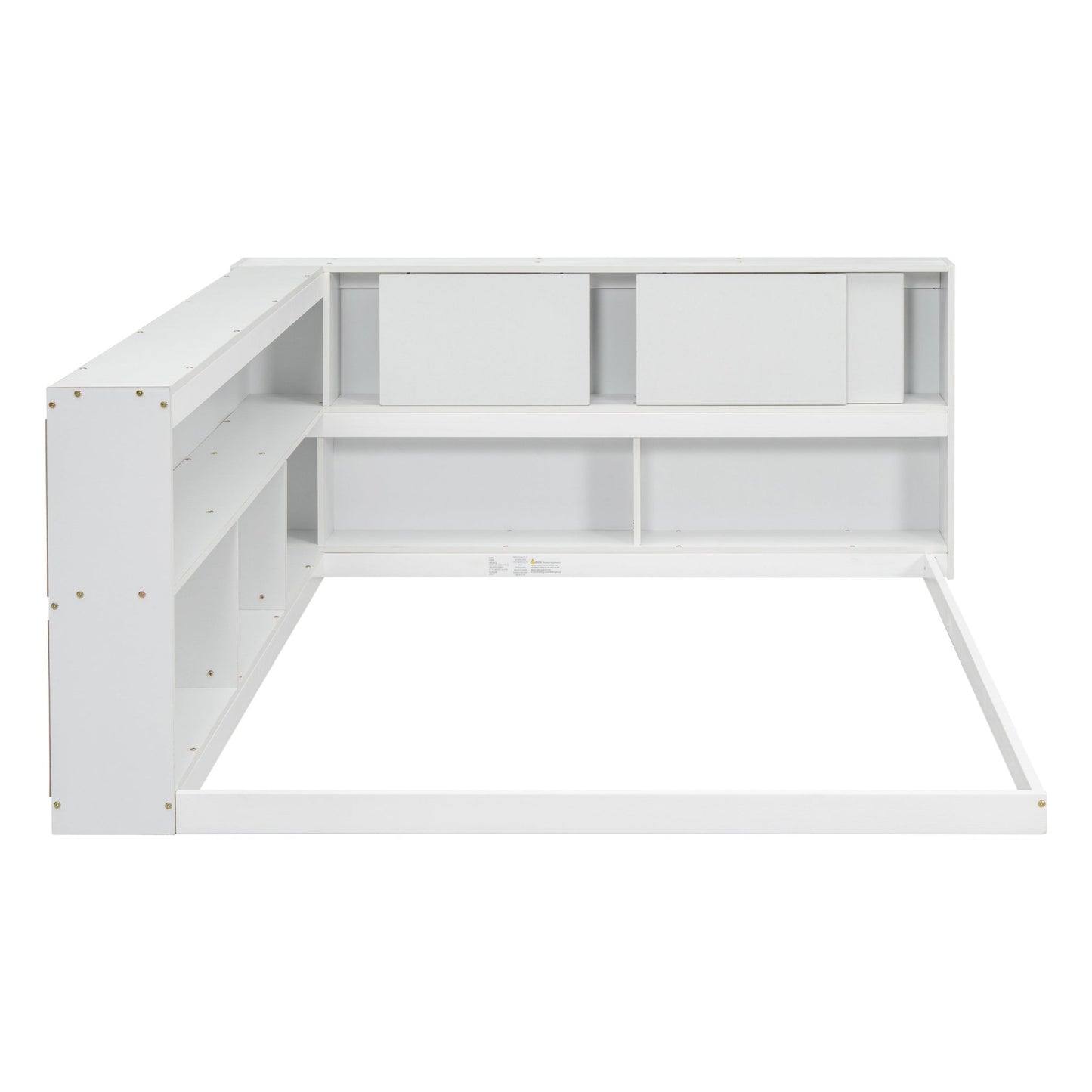 Full Floor Bed with L - shaped Bookcases, sliding doors,without slats,White - Usofuns