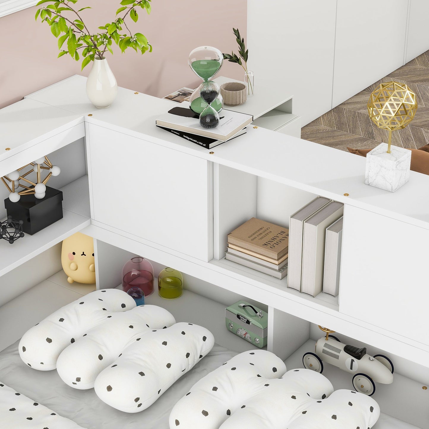 Full Floor Bed with L - shaped Bookcases, sliding doors,without slats,White - Usofuns
