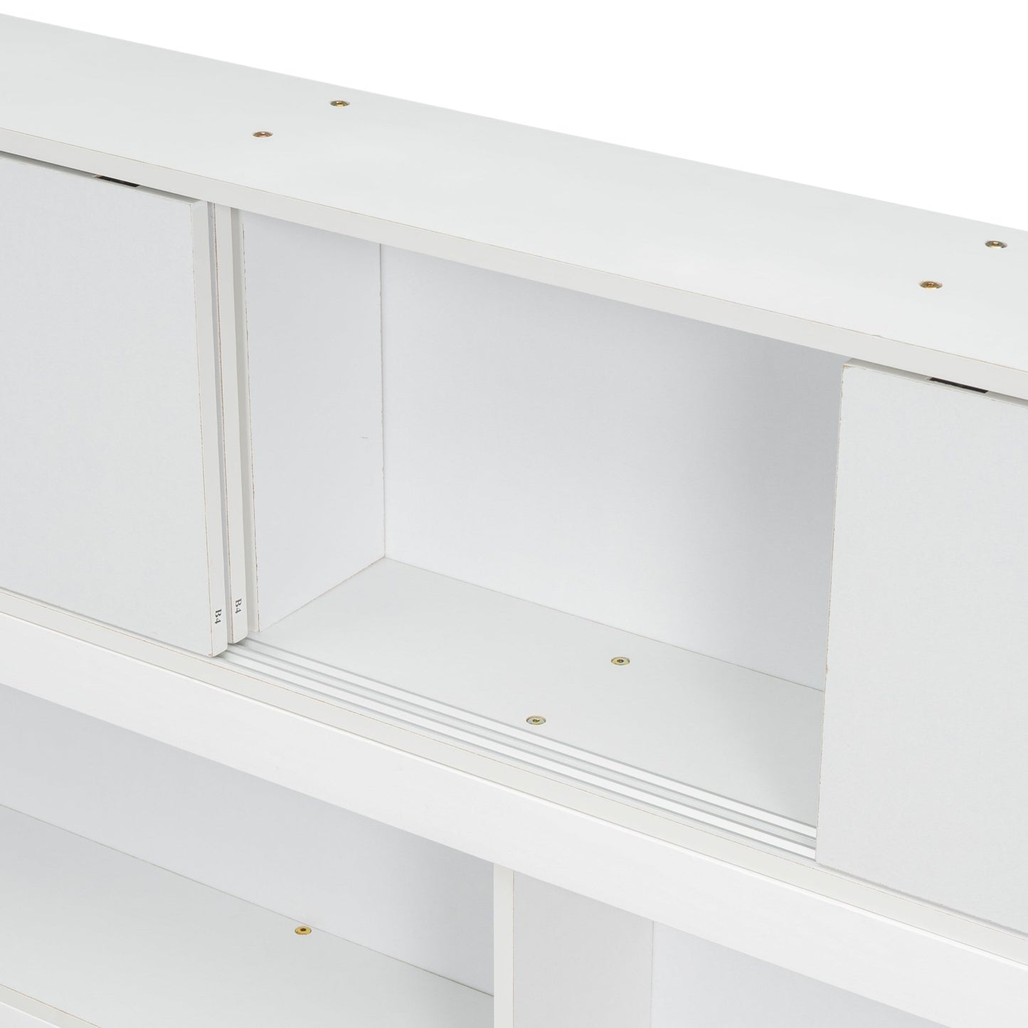 Full Floor Bed with L - shaped Bookcases, sliding doors,without slats,White - Usofuns