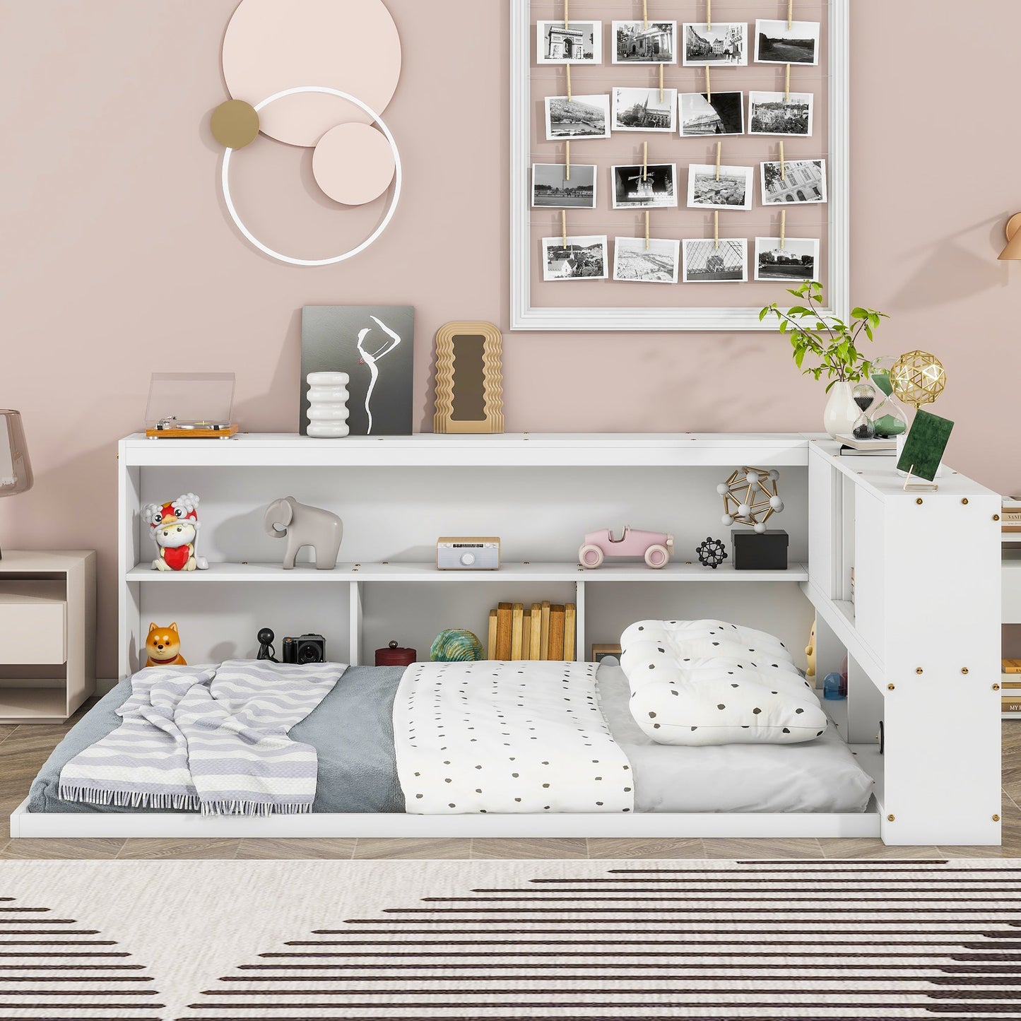 Full Floor Bed with L - shaped Bookcases, sliding doors,without slats,White - Usofuns