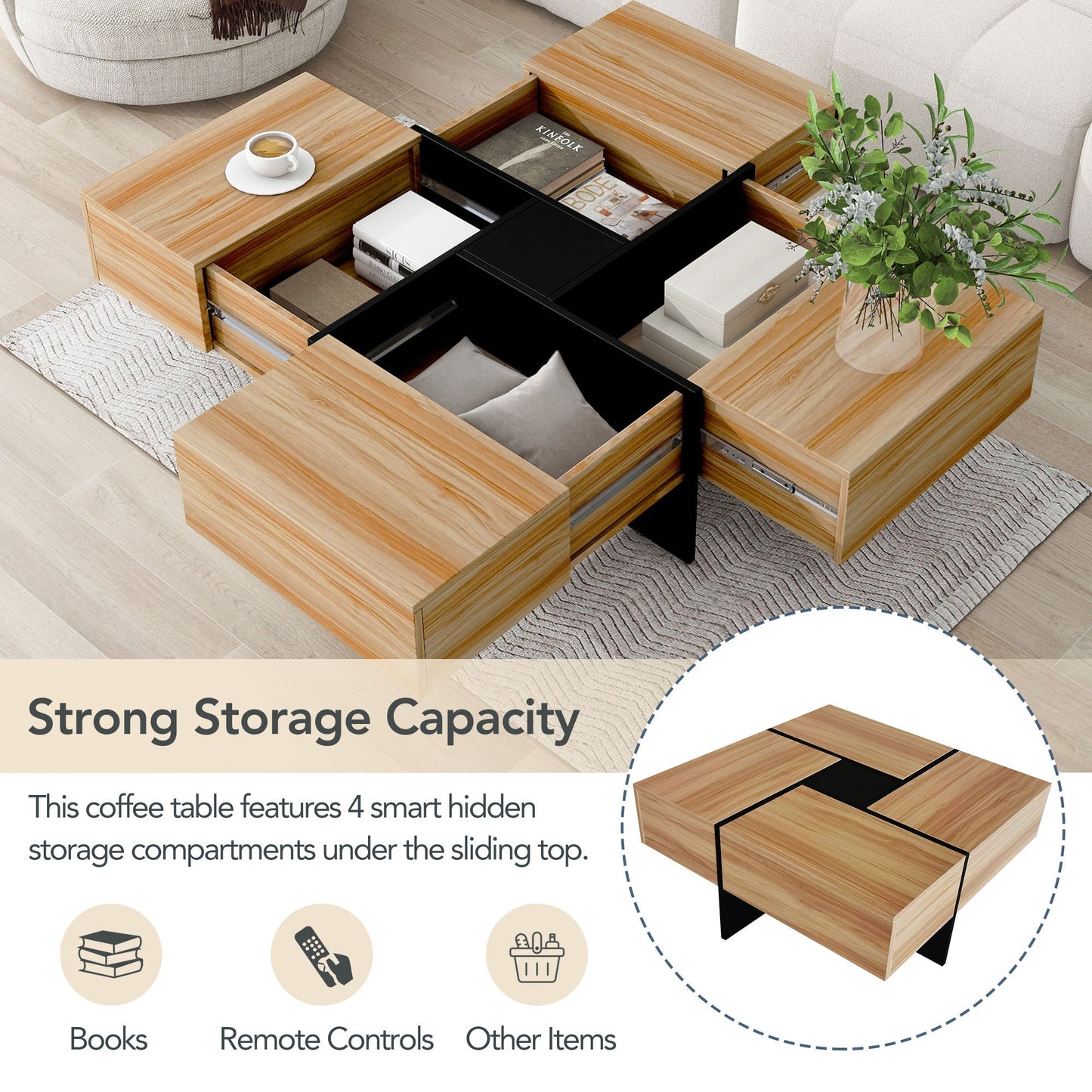 ON - TREND Unique Design Coffee Table with 4 Hidden Storage Compartments, Square Cocktail Table with Extendable Sliding Tabletop, UV High - gloss Design Center Table for Living Room, 31.5'x 31.5' - Usofuns