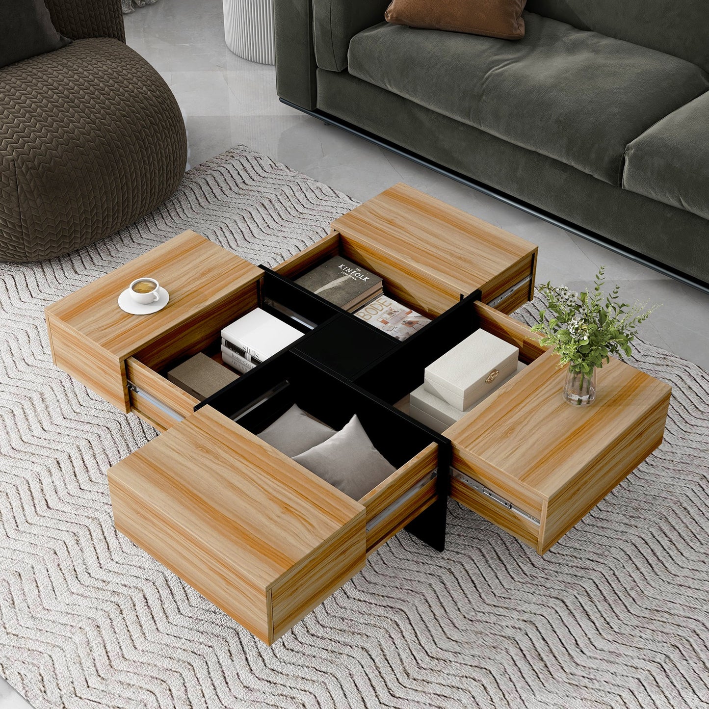 ON - TREND Unique Design Coffee Table with 4 Hidden Storage Compartments, Square Cocktail Table with Extendable Sliding Tabletop, UV High - gloss Design Center Table for Living Room, 31.5'x 31.5' - Usofuns