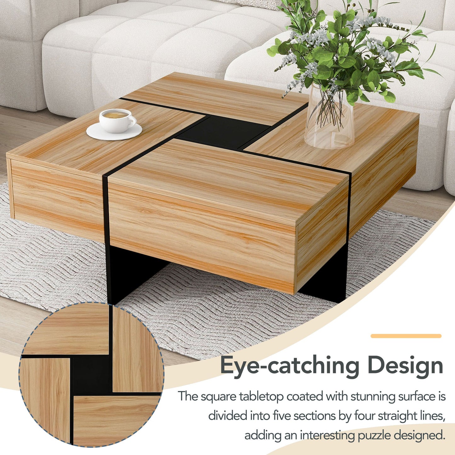 ON - TREND Unique Design Coffee Table with 4 Hidden Storage Compartments, Square Cocktail Table with Extendable Sliding Tabletop, UV High - gloss Design Center Table for Living Room, 31.5'x 31.5' - Usofuns