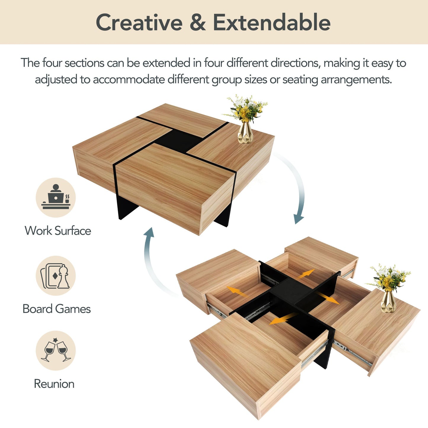 ON - TREND Unique Design Coffee Table with 4 Hidden Storage Compartments, Square Cocktail Table with Extendable Sliding Tabletop, UV High - gloss Design Center Table for Living Room, 31.5'x 31.5' - Usofuns
