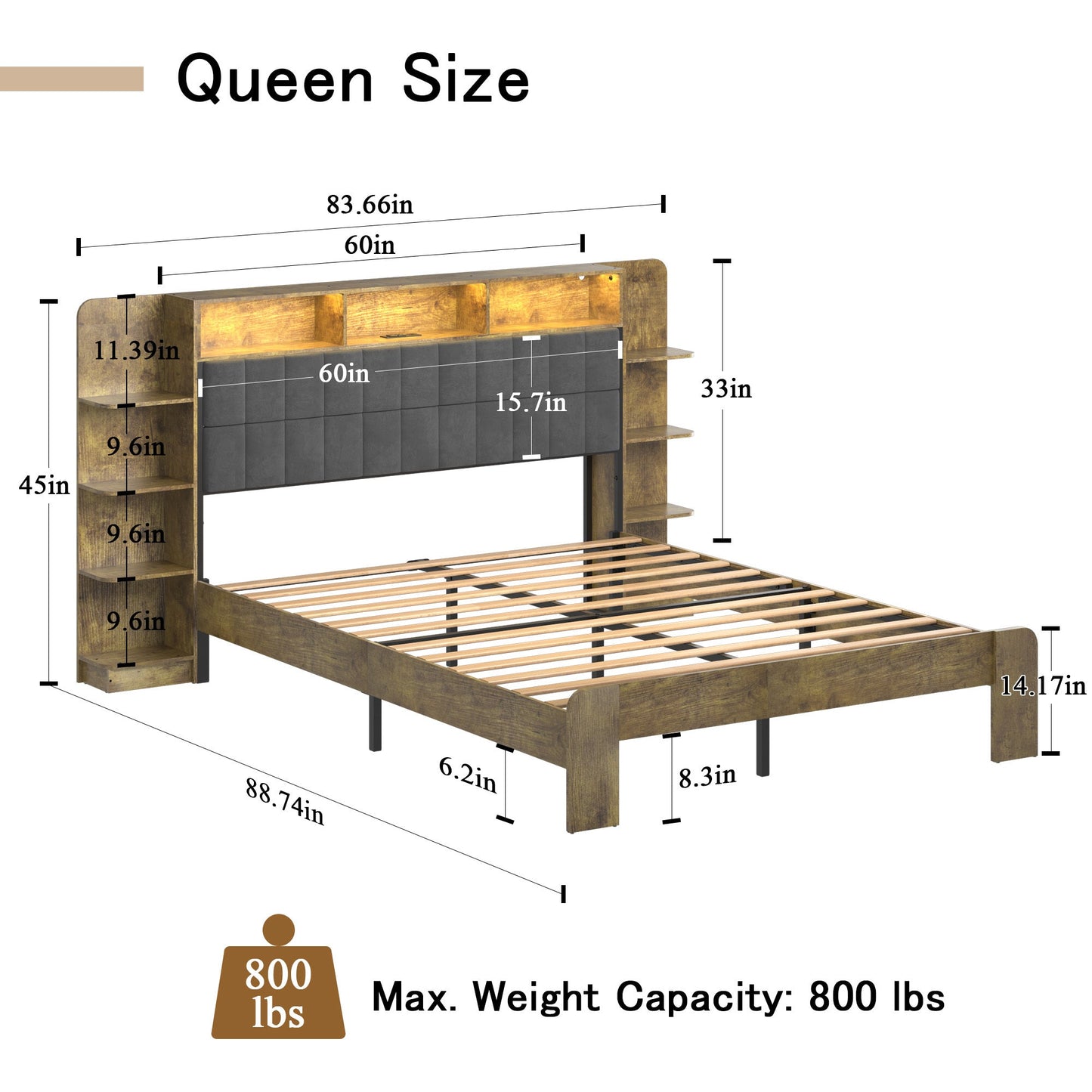 Queen Bed Frame with Storage, Platform Bed Queen Size with LED Lights and Charging Station, Dark gray Linen Headboard with Bookcase Shelves, No Box Spring Needed, Noise Free,Vintage Brown - Usofuns