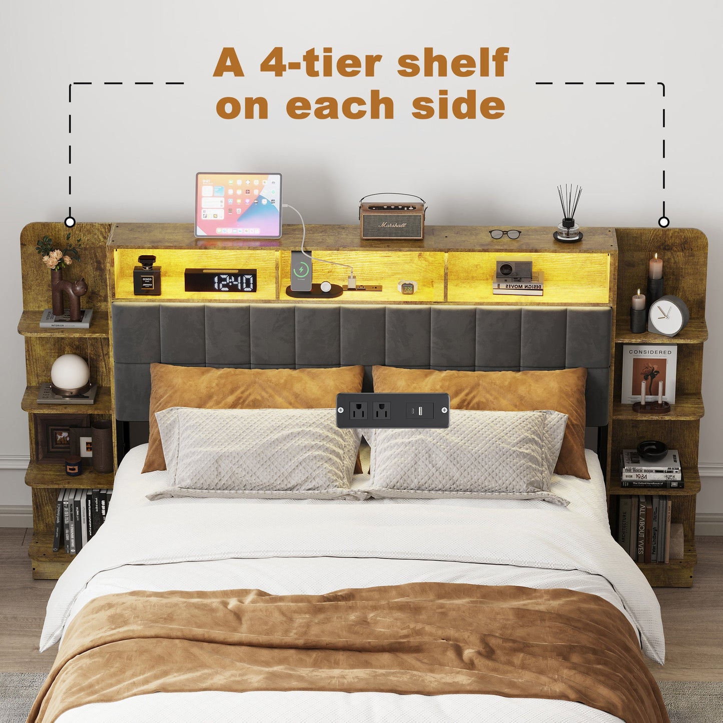 Queen Bed Frame with Storage, Platform Bed Queen Size with LED Lights and Charging Station, Dark gray Linen Headboard with Bookcase Shelves, No Box Spring Needed, Noise Free,Vintage Brown - Usofuns