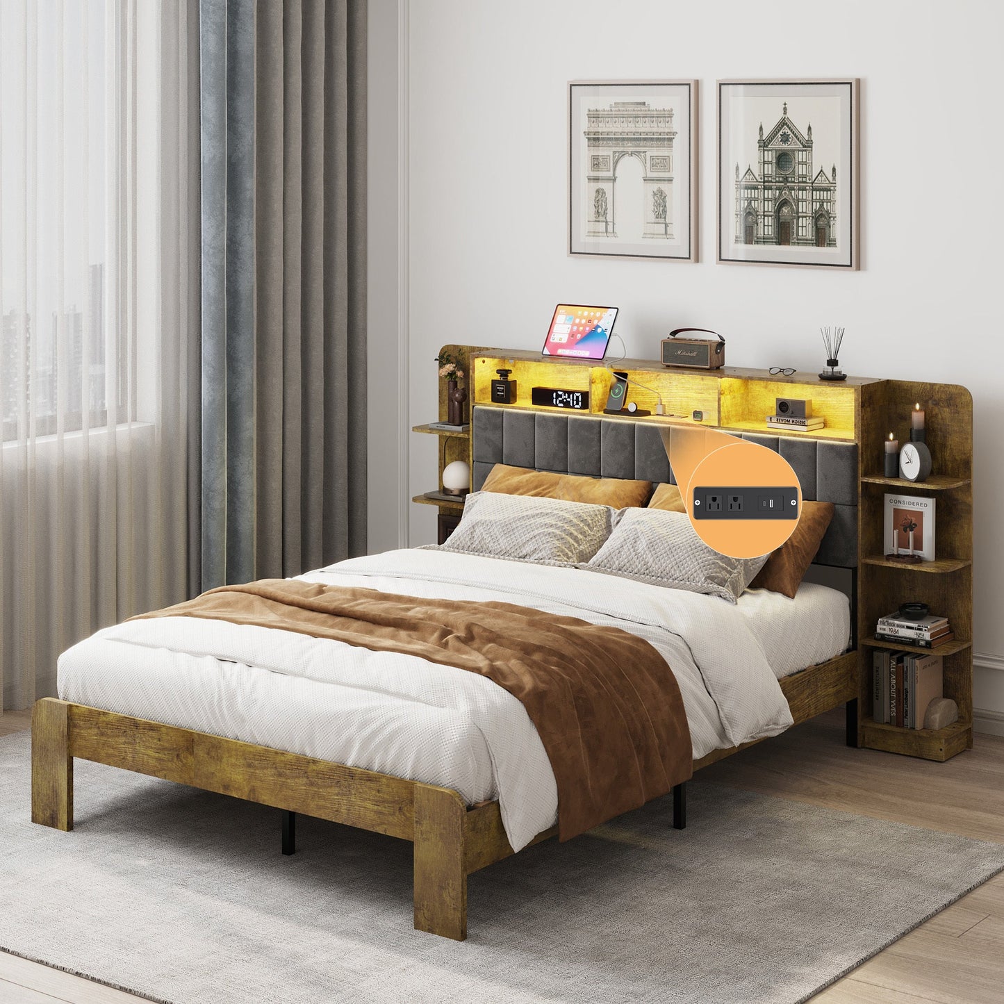Queen Bed Frame with Storage, Platform Bed Queen Size with LED Lights and Charging Station, Dark gray Linen Headboard with Bookcase Shelves, No Box Spring Needed, Noise Free,Vintage Brown - Usofuns