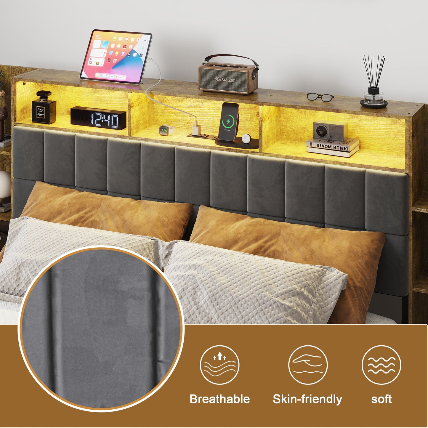 Queen Bed Frame with Storage, Platform Bed Queen Size with LED Lights and Charging Station, Dark gray Linen Headboard with Bookcase Shelves, No Box Spring Needed, Noise Free,Vintage Brown - Usofuns