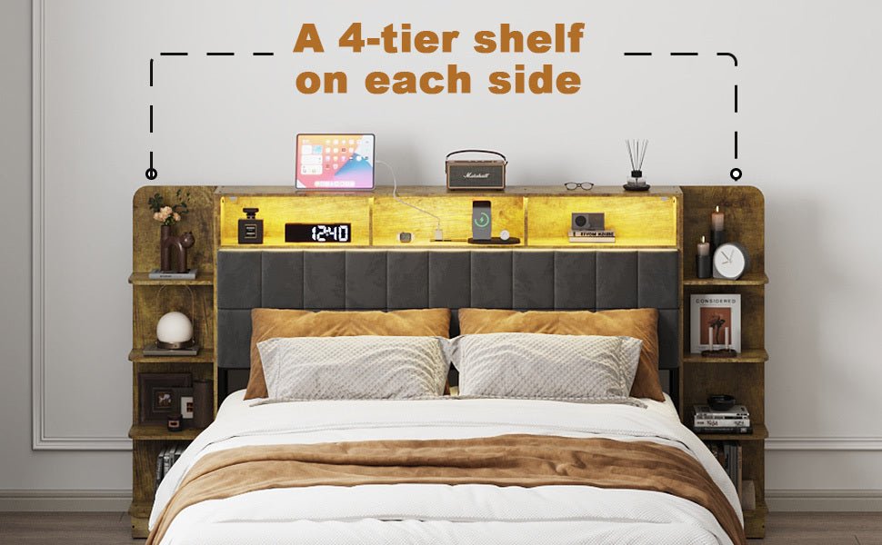 Queen Bed Frame with Storage, Platform Bed Queen Size with LED Lights and Charging Station, Dark gray Linen Headboard with Bookcase Shelves, No Box Spring Needed, Noise Free,Vintage Brown - Usofuns