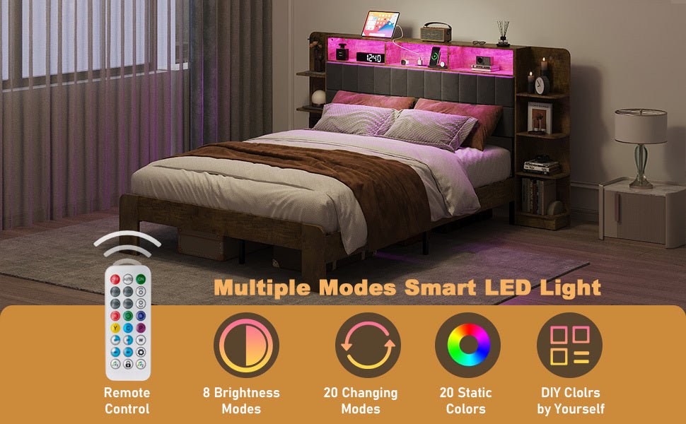Queen Bed Frame with Storage, Platform Bed Queen Size with LED Lights and Charging Station, Dark gray Linen Headboard with Bookcase Shelves, No Box Spring Needed, Noise Free,Vintage Brown - Usofuns