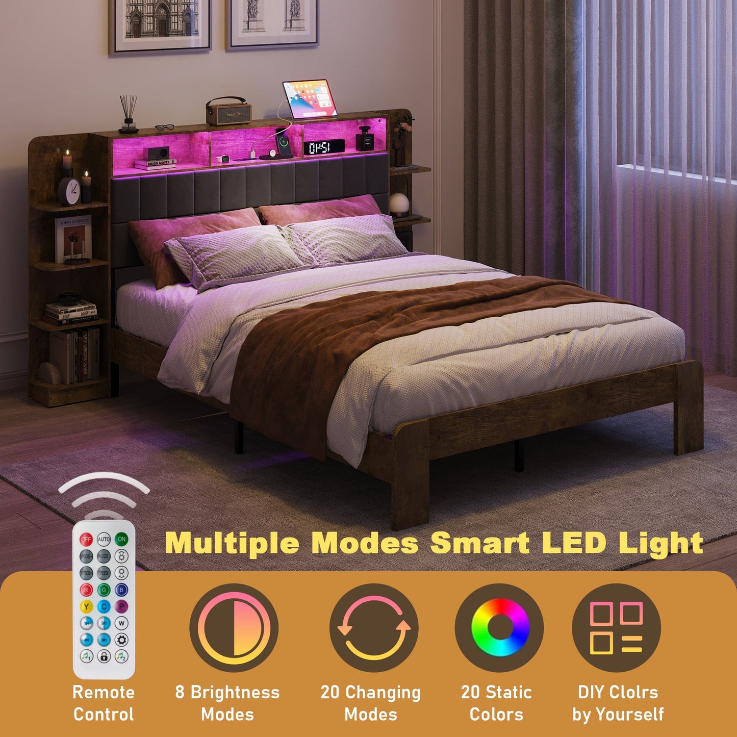 Queen Bed Frame with Storage, Platform Bed Queen Size with LED Lights and Charging Station, Dark gray Linen Headboard with Bookcase Shelves, No Box Spring Needed, Noise Free,Vintage Brown - Usofuns