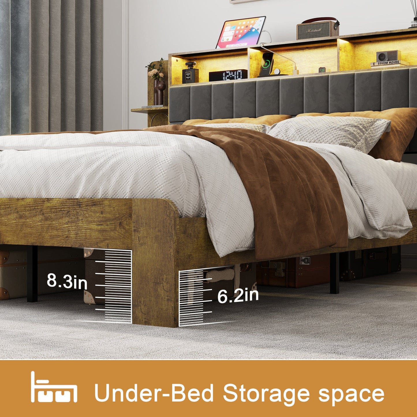 Queen Bed Frame with Storage, Platform Bed Queen Size with LED Lights and Charging Station, Dark gray Linen Headboard with Bookcase Shelves, No Box Spring Needed, Noise Free,Vintage Brown - Usofuns