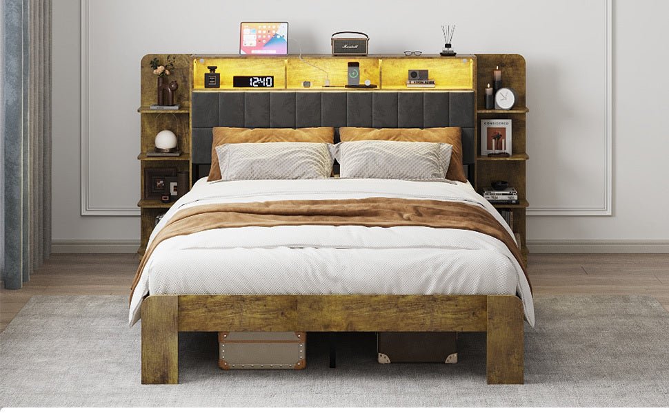 Queen Bed Frame with Storage, Platform Bed Queen Size with LED Lights and Charging Station, Dark gray Linen Headboard with Bookcase Shelves, No Box Spring Needed, Noise Free,Vintage Brown - Usofuns