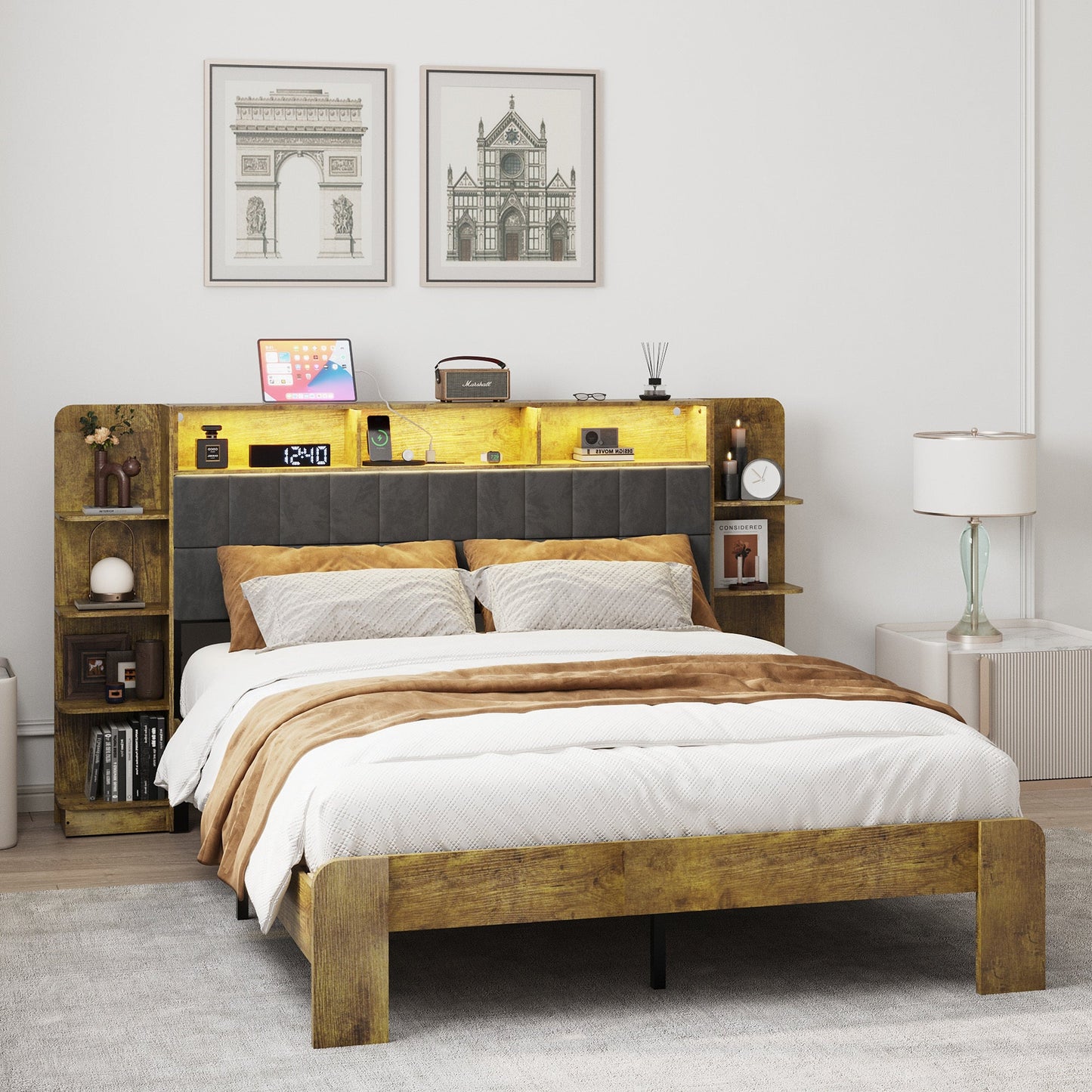 Queen Bed Frame with Storage, Platform Bed Queen Size with LED Lights and Charging Station, Dark gray Linen Headboard with Bookcase Shelves, No Box Spring Needed, Noise Free,Vintage Brown - Usofuns