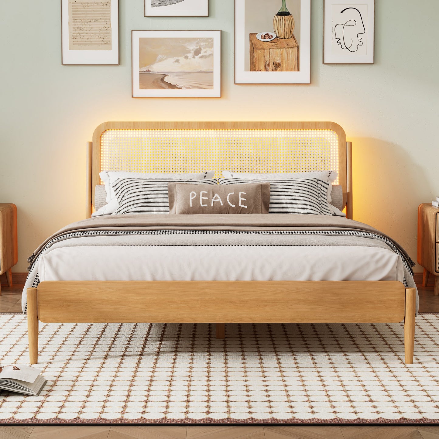 Queen Size Wood Storage Platform Bed with LED Light, Rattan Headboard, Nature - Usofuns