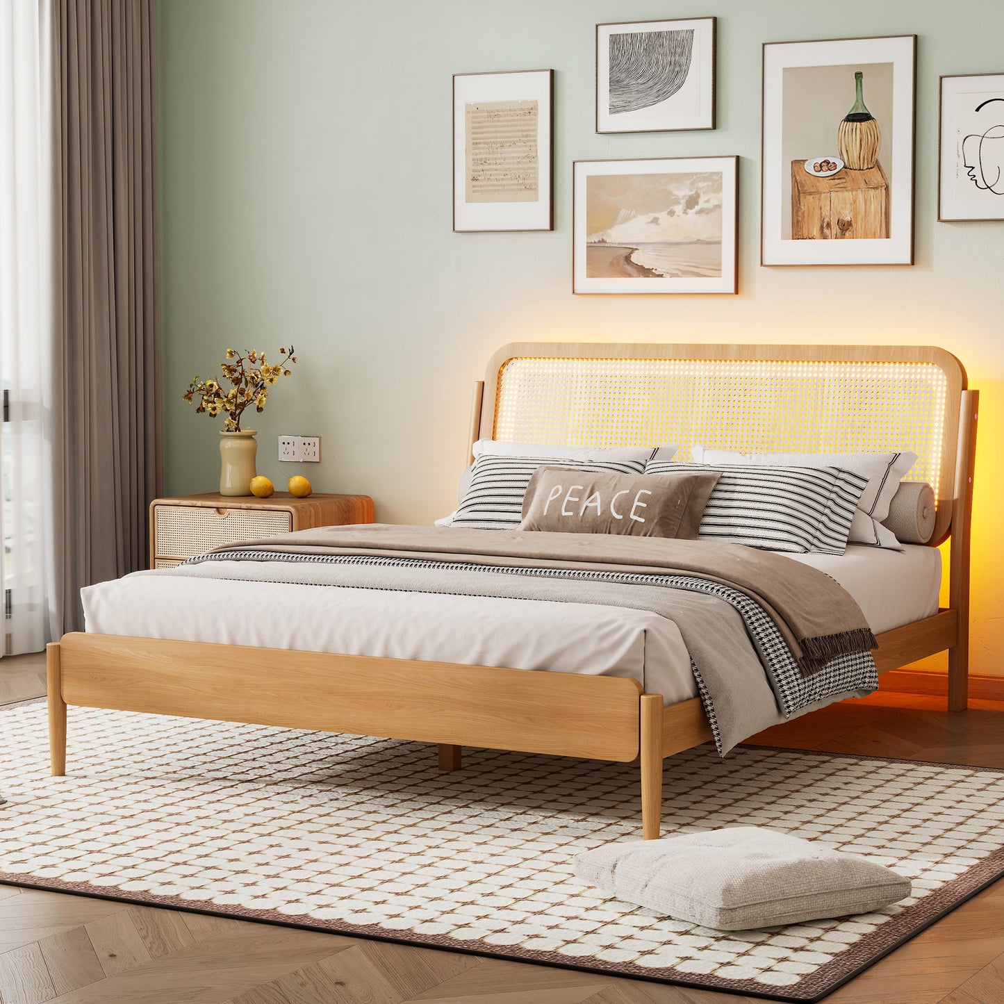 Queen Size Wood Storage Platform Bed with LED Light, Rattan Headboard, Nature - Usofuns