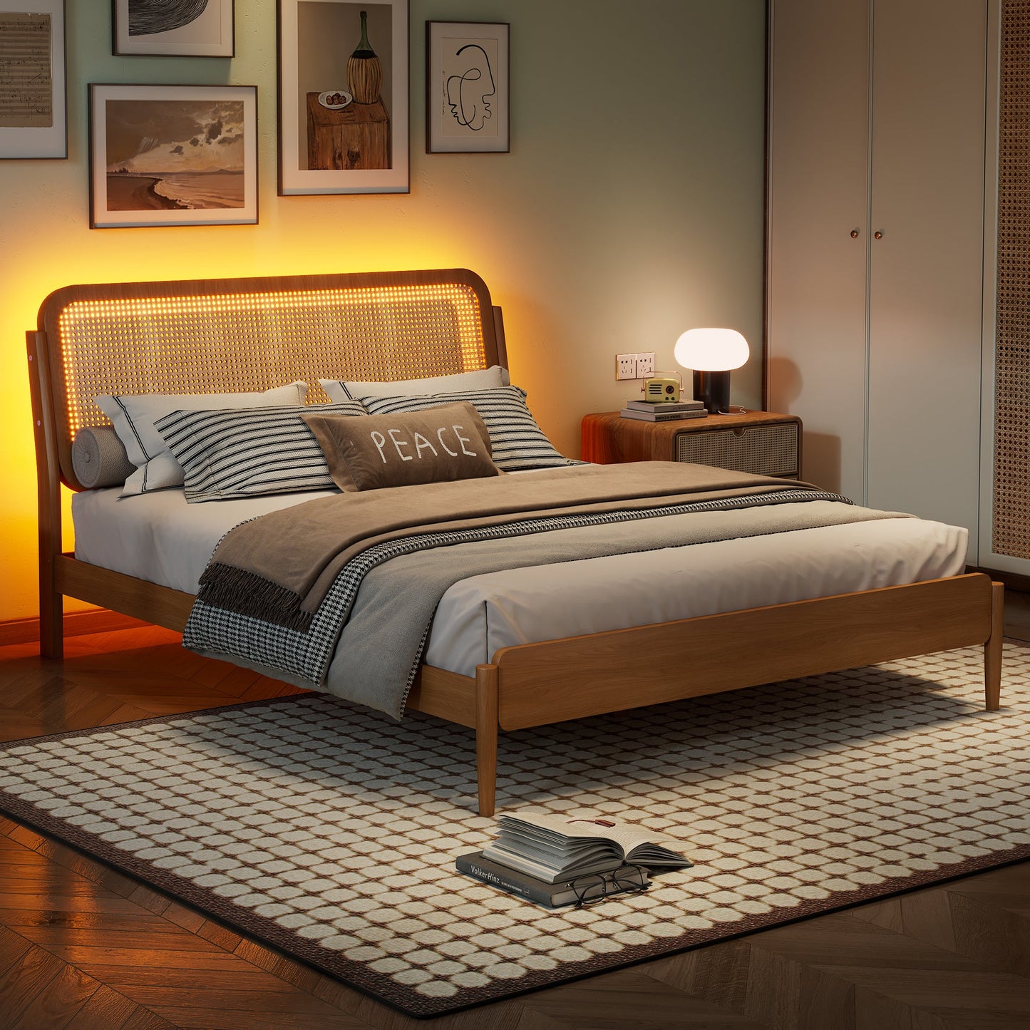 Queen Size Wood Storage Platform Bed with LED Light, Rattan Headboard, Nature - Usofuns