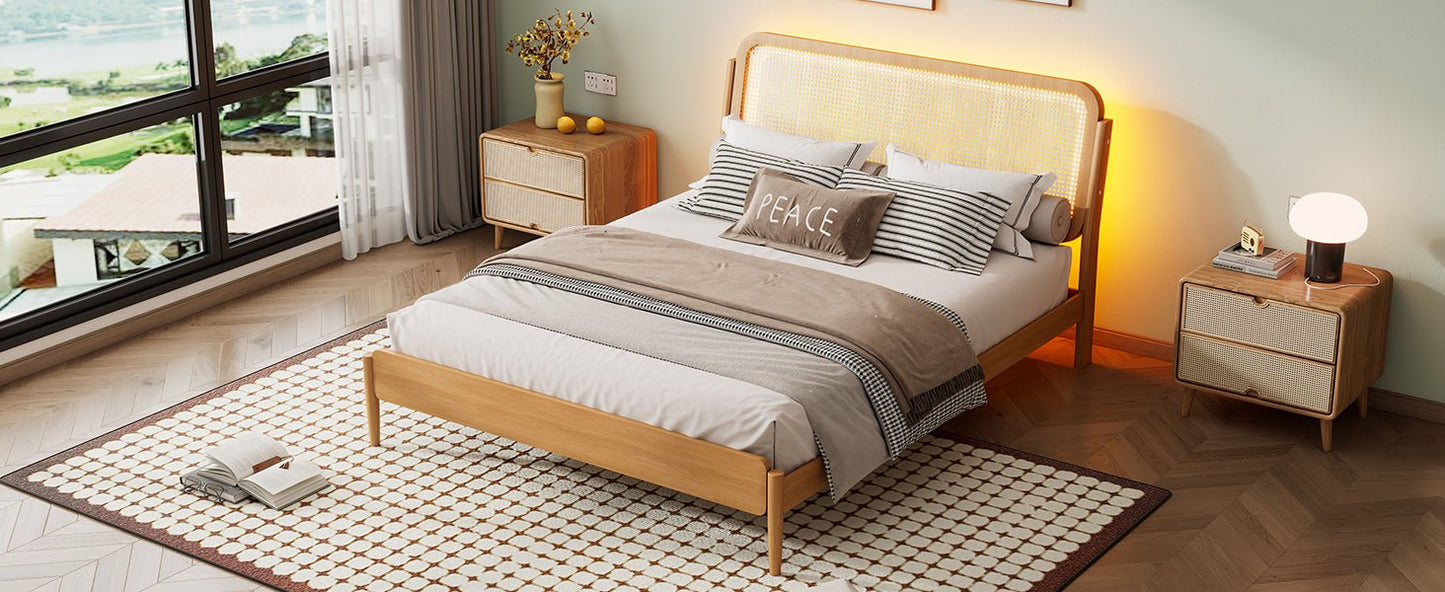 Queen Size Wood Storage Platform Bed with LED Light, Rattan Headboard, Nature - Usofuns