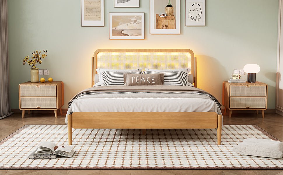 Queen Size Wood Storage Platform Bed with LED Light, Rattan Headboard, Nature - Usofuns