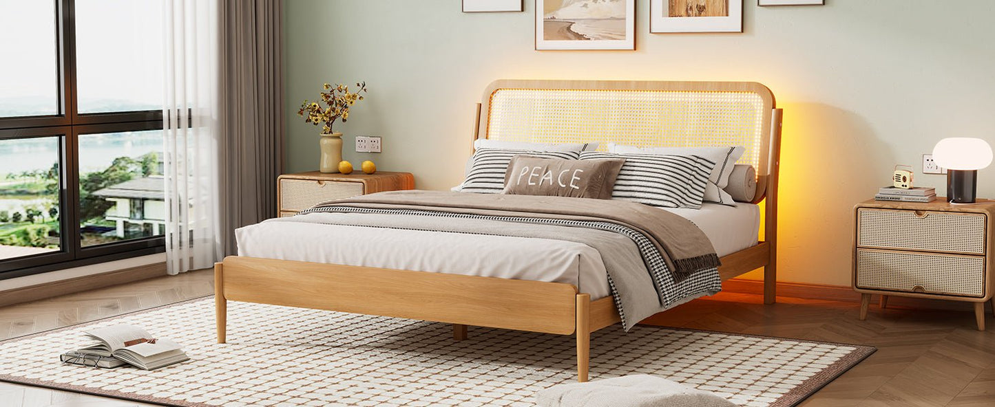Queen Size Wood Storage Platform Bed with LED Light, Rattan Headboard, Nature - Usofuns