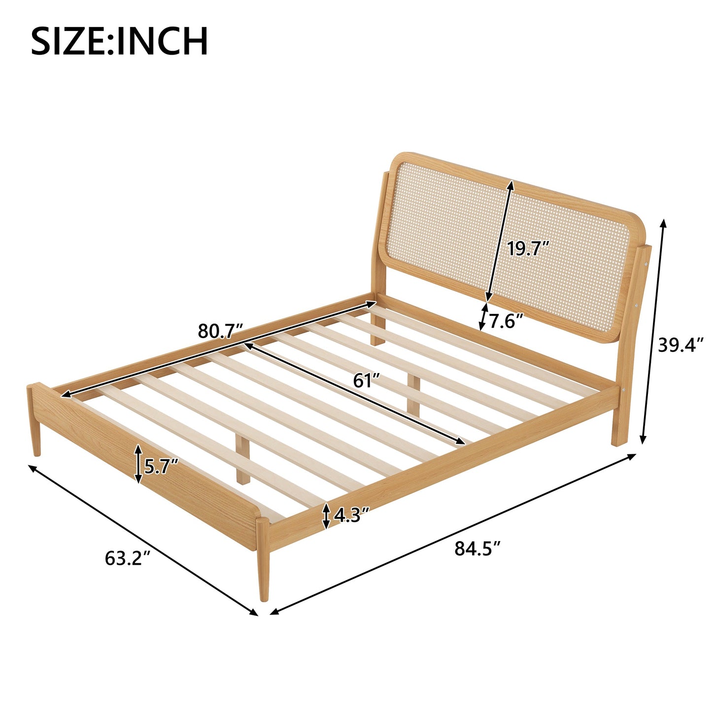 Queen Size Wood Storage Platform Bed with LED Light, Rattan Headboard, Nature - Usofuns