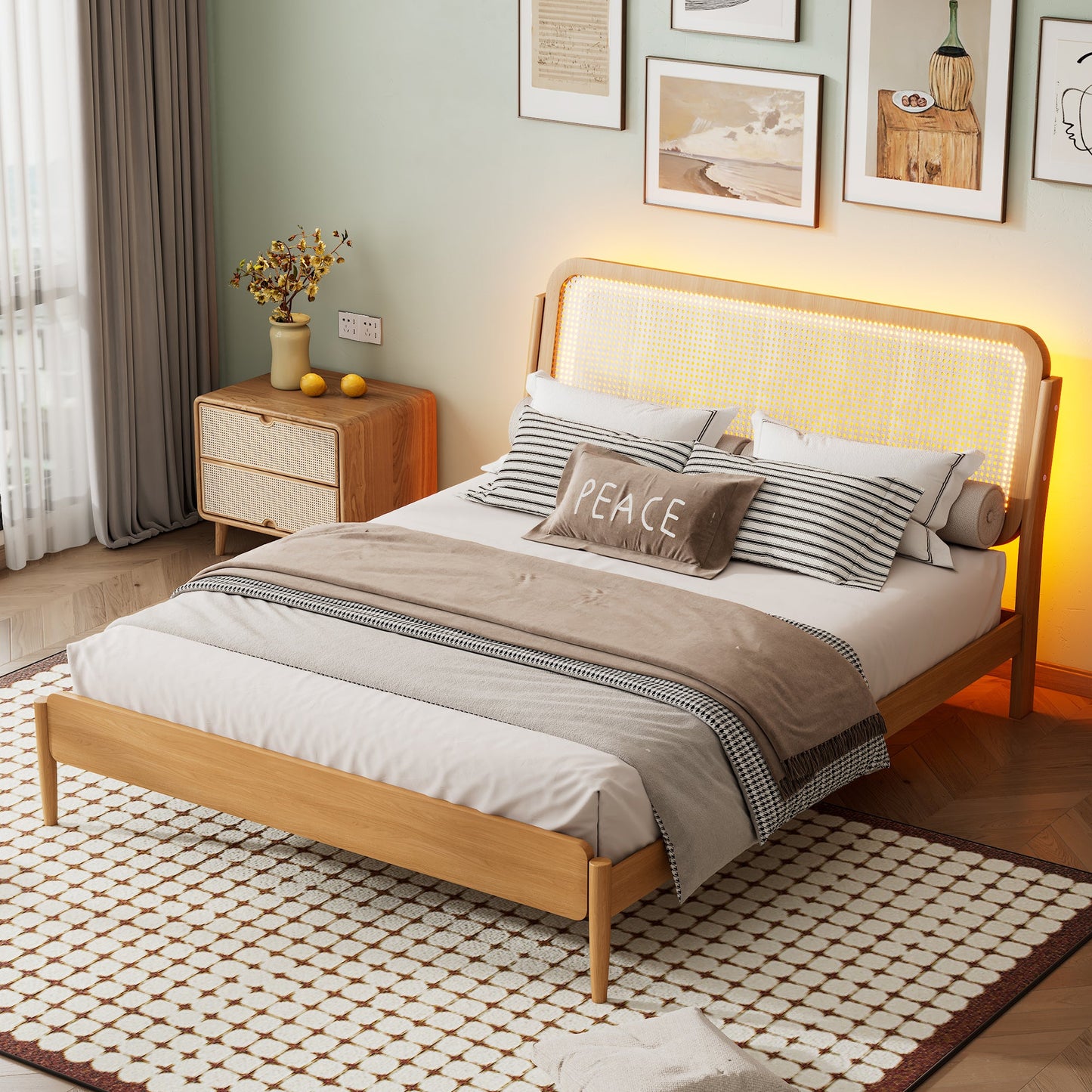 Queen Size Wood Storage Platform Bed with LED Light, Rattan Headboard, Nature - Usofuns