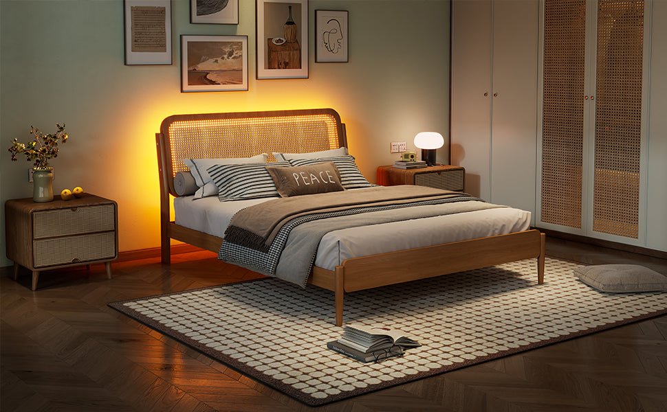 Queen Size Wood Storage Platform Bed with LED Light, Rattan Headboard, Nature - Usofuns