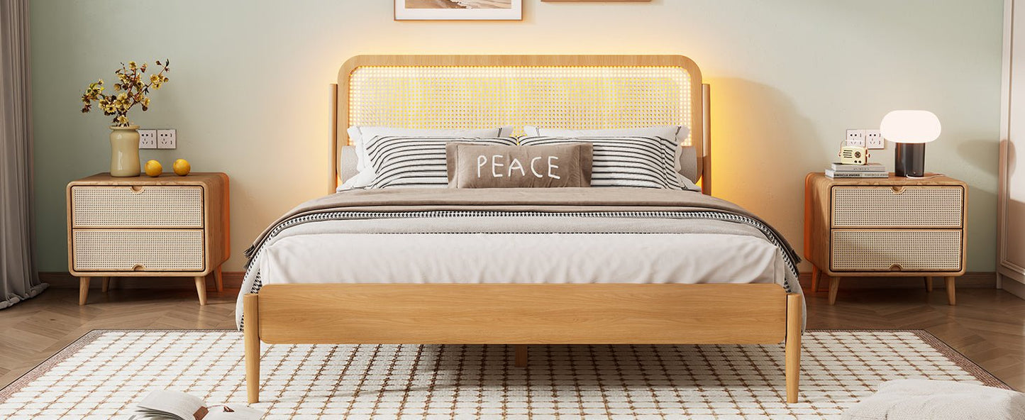 Queen Size Wood Storage Platform Bed with LED Light, Rattan Headboard, Nature - Usofuns