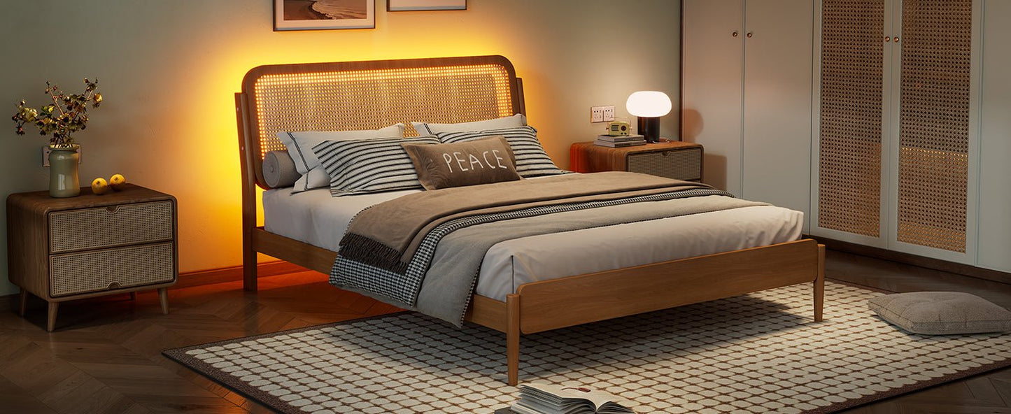 Queen Size Wood Storage Platform Bed with LED Light, Rattan Headboard, Nature - Usofuns