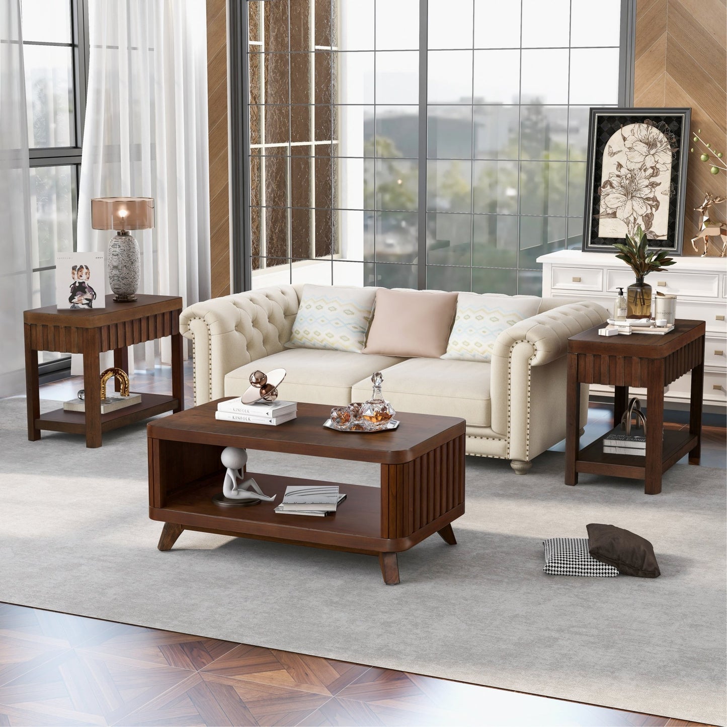 Rectangular Wood Coffee Table for Living Room, 41.5 - Inch Coffee Table with Solid Wood Legs, Wood Center Table Tea Table with Open Storage Shelf. Easy Assembly, Espresso - Usofuns