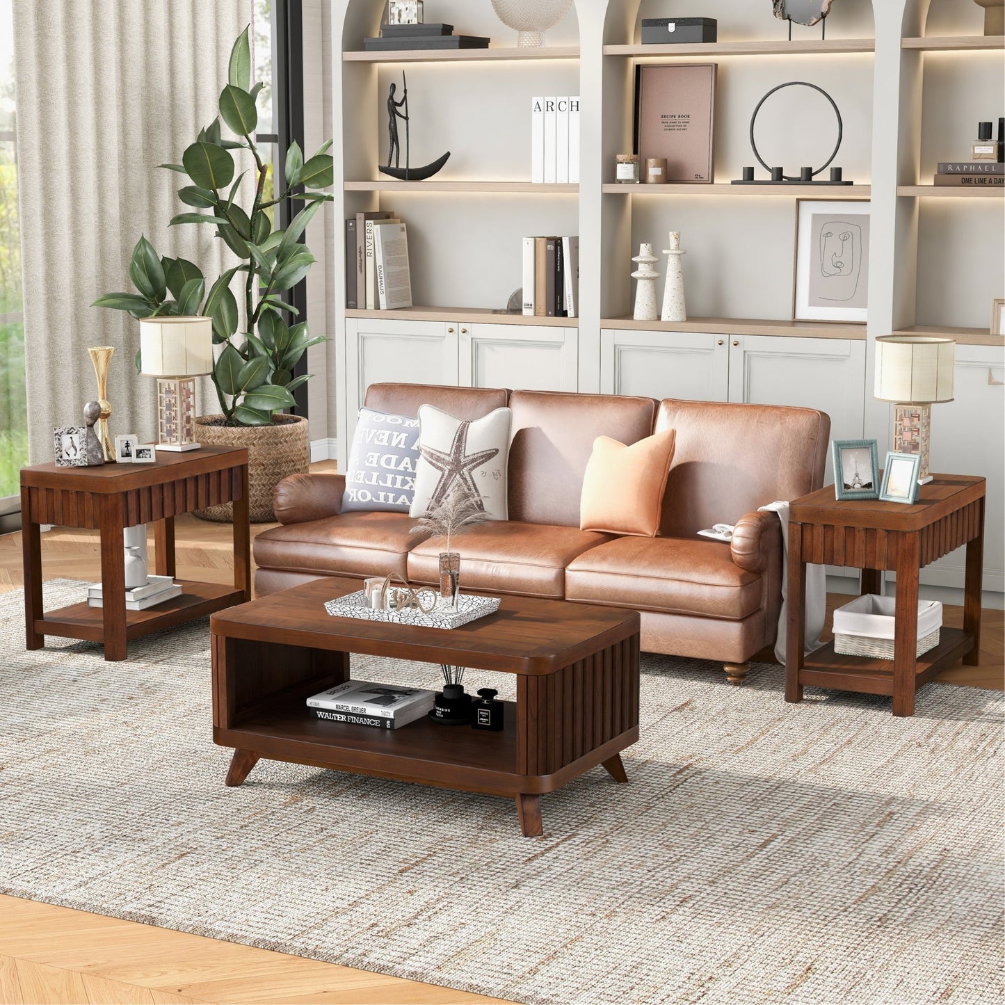 Rectangular Wood Coffee Table for Living Room, 41.5 - Inch Coffee Table with Solid Wood Legs, Wood Center Table Tea Table with Open Storage Shelf. Easy Assembly, Espresso - Usofuns