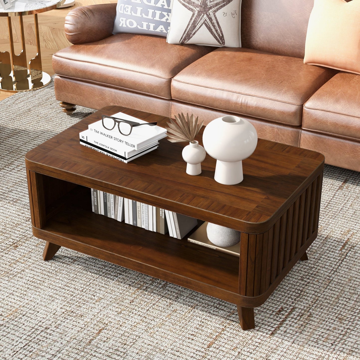 Rectangular Wood Coffee Table for Living Room, 41.5 - Inch Coffee Table with Solid Wood Legs, Wood Center Table Tea Table with Open Storage Shelf. Easy Assembly, Espresso - Usofuns