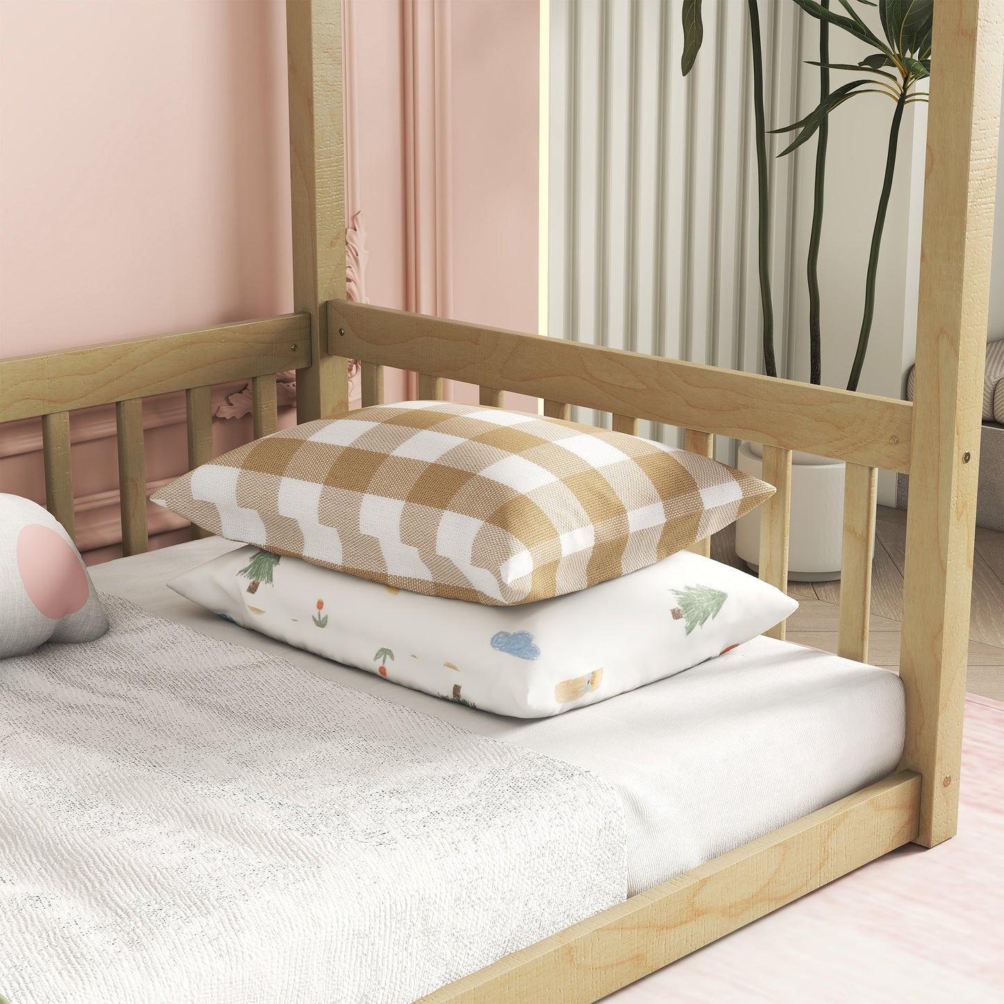 Twin Size Canopy Frame Floor Bed with Fence, Guardrails,Natural - Usofuns