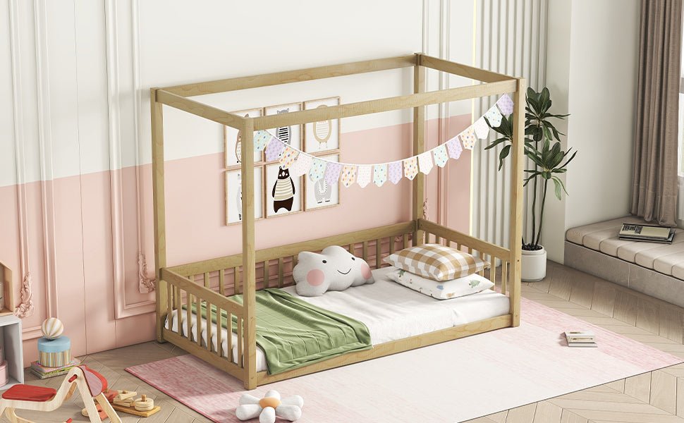 Twin Size Canopy Frame Floor Bed with Fence, Guardrails,Natural - Usofuns