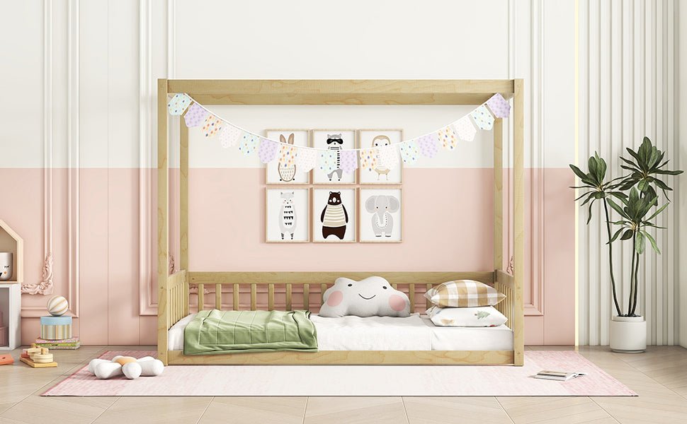 Twin Size Canopy Frame Floor Bed with Fence, Guardrails,Natural - Usofuns