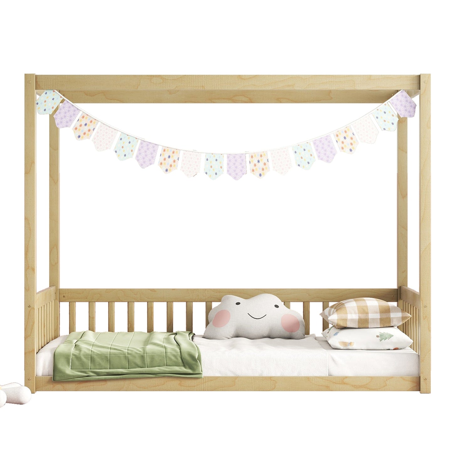 Twin Size Canopy Frame Floor Bed with Fence, Guardrails,Natural - Usofuns