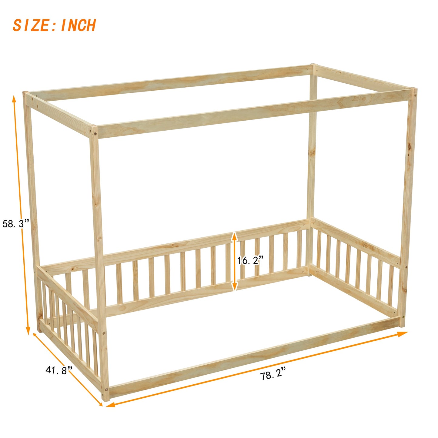 Twin Size Canopy Frame Floor Bed with Fence, Guardrails,Natural - Usofuns