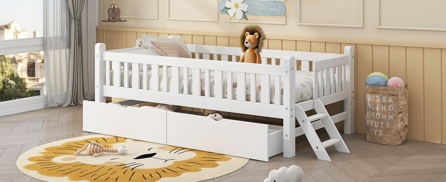 Wood Twin Size Platform Bed with Guardrail and 2 Drawers, White - Usofuns