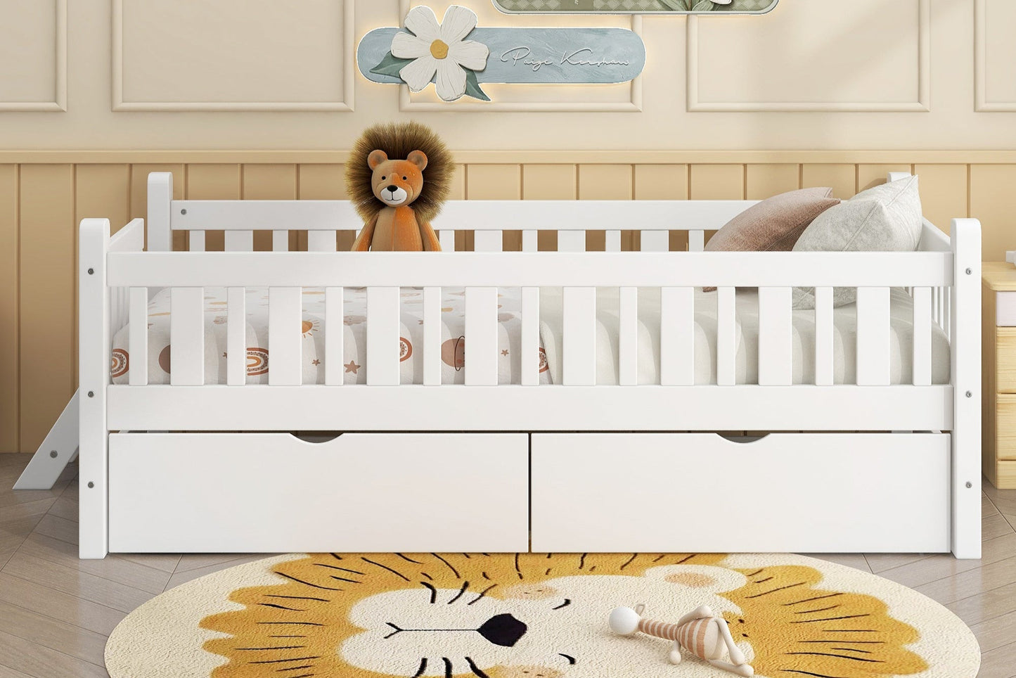 Wood Twin Size Platform Bed with Guardrail and 2 Drawers, White - Usofuns