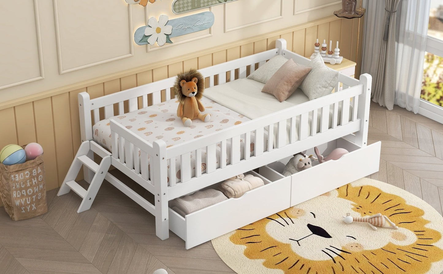 Wood Twin Size Platform Bed with Guardrail and 2 Drawers, White - Usofuns