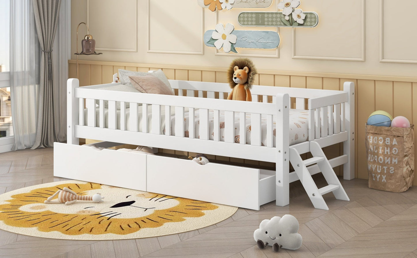 Wood Twin Size Platform Bed with Guardrail and 2 Drawers, White - Usofuns