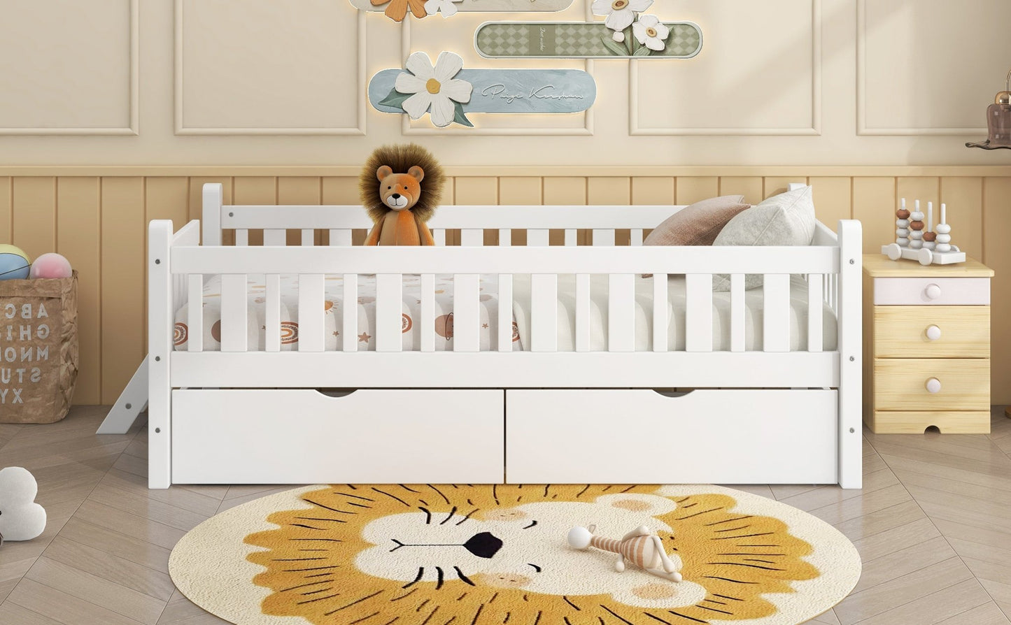 Wood Twin Size Platform Bed with Guardrail and 2 Drawers, White - Usofuns