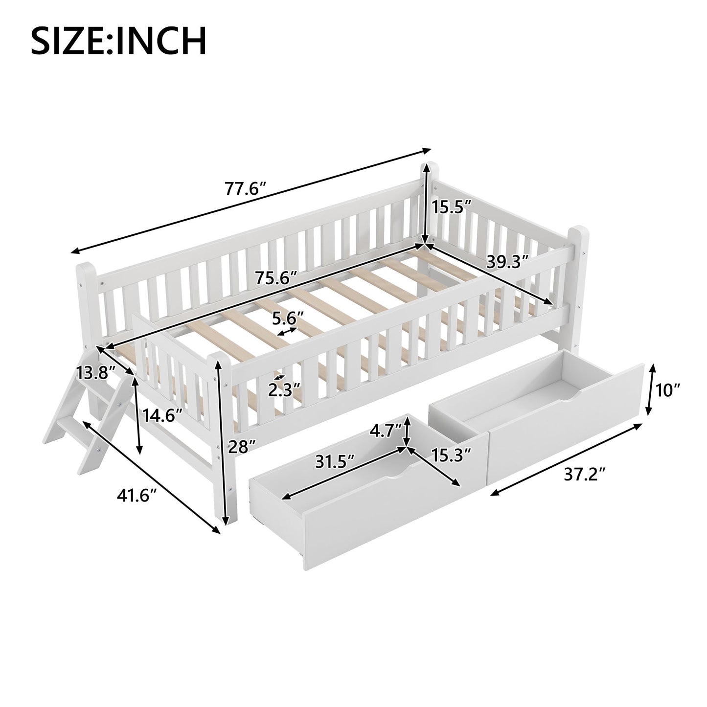 Wood Twin Size Platform Bed with Guardrail and 2 Drawers, White - Usofuns