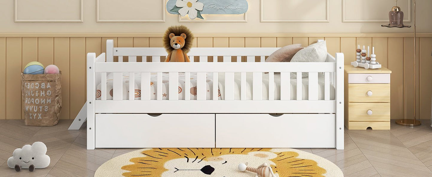 Wood Twin Size Platform Bed with Guardrail and 2 Drawers, White - Usofuns