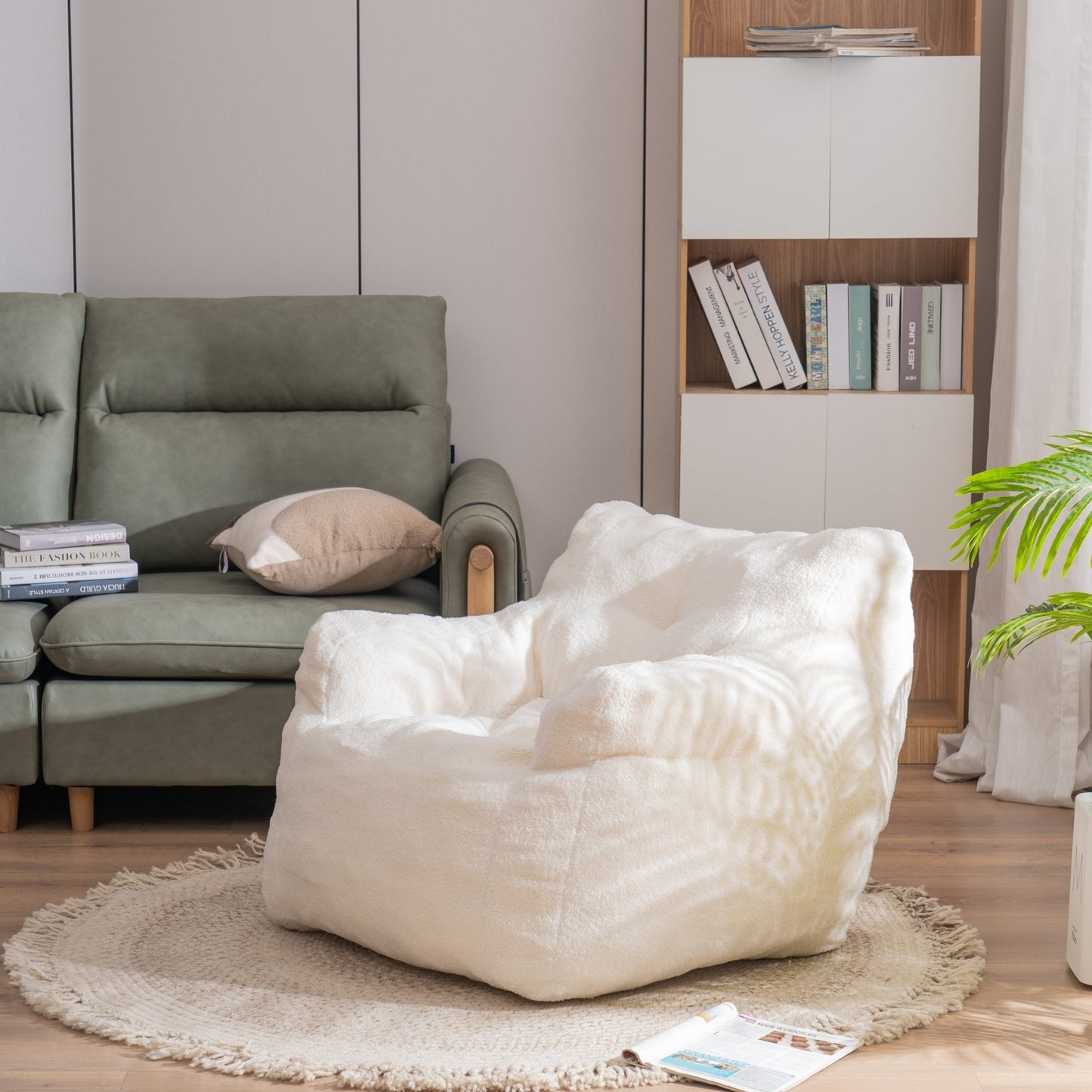 010 - Soft Teddy Fabric Tufted Foam Bean Bag Chair With Teddy Fabric Ivory White - Usofuns