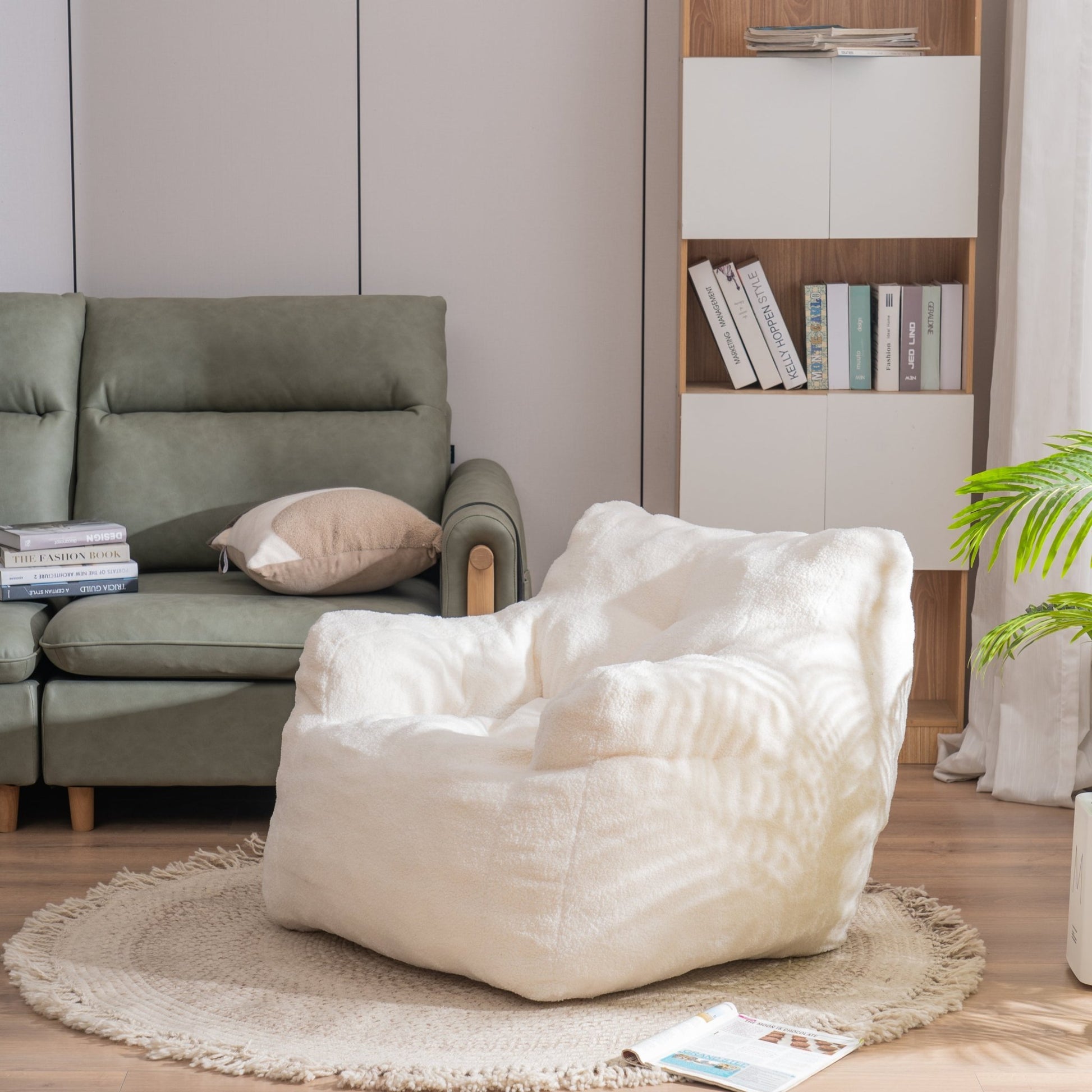 010 - Soft Teddy Fabric Tufted Foam Bean Bag Chair With Teddy Fabric Ivory White - Usofuns