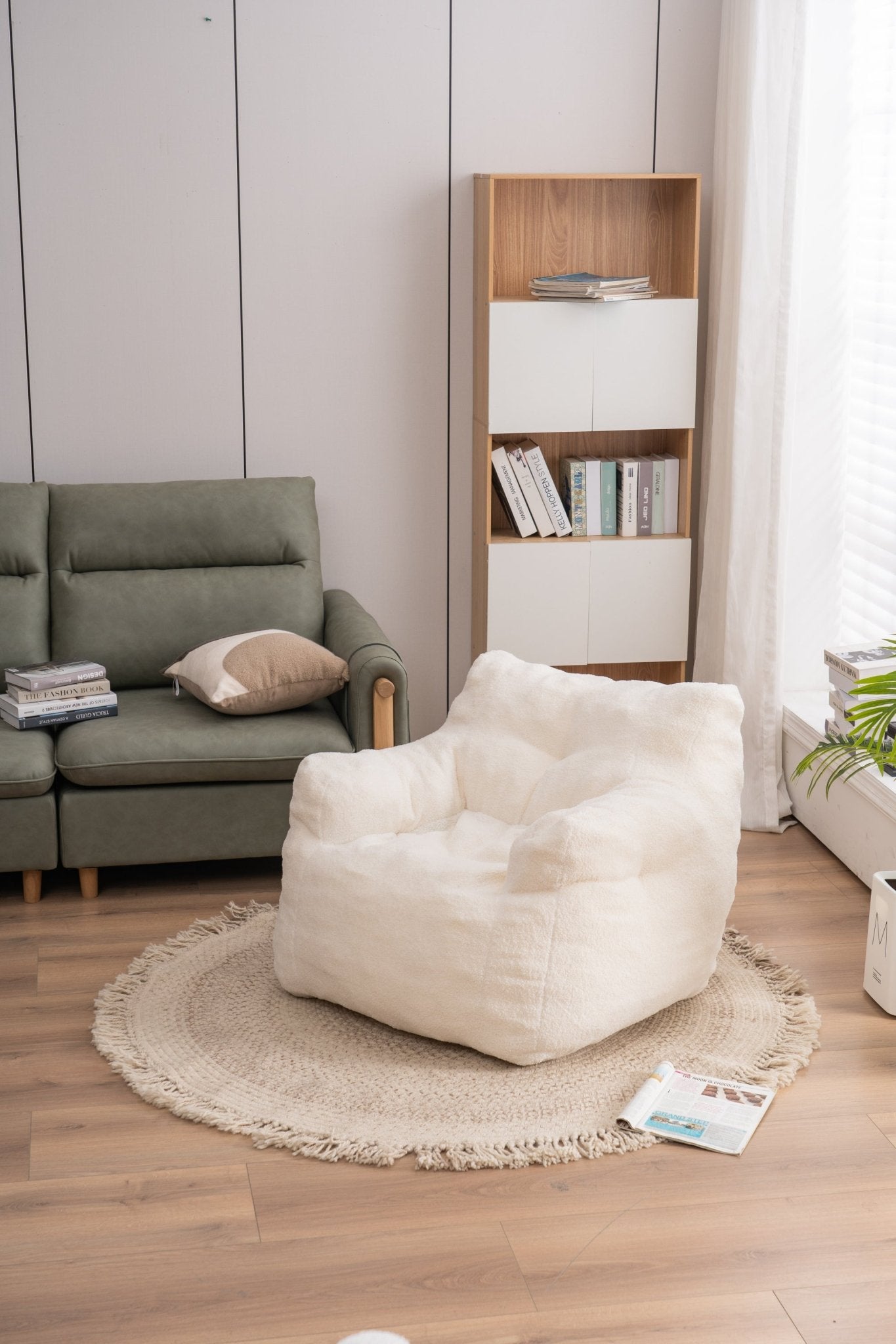 010 - Soft Teddy Fabric Tufted Foam Bean Bag Chair With Teddy Fabric Ivory White - Usofuns
