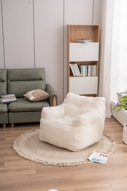 010 - Soft Teddy Fabric Tufted Foam Bean Bag Chair With Teddy Fabric Ivory White - Usofuns