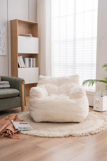 010 - Soft Teddy Fabric Tufted Foam Bean Bag Chair With Teddy Fabric Ivory White - Usofuns